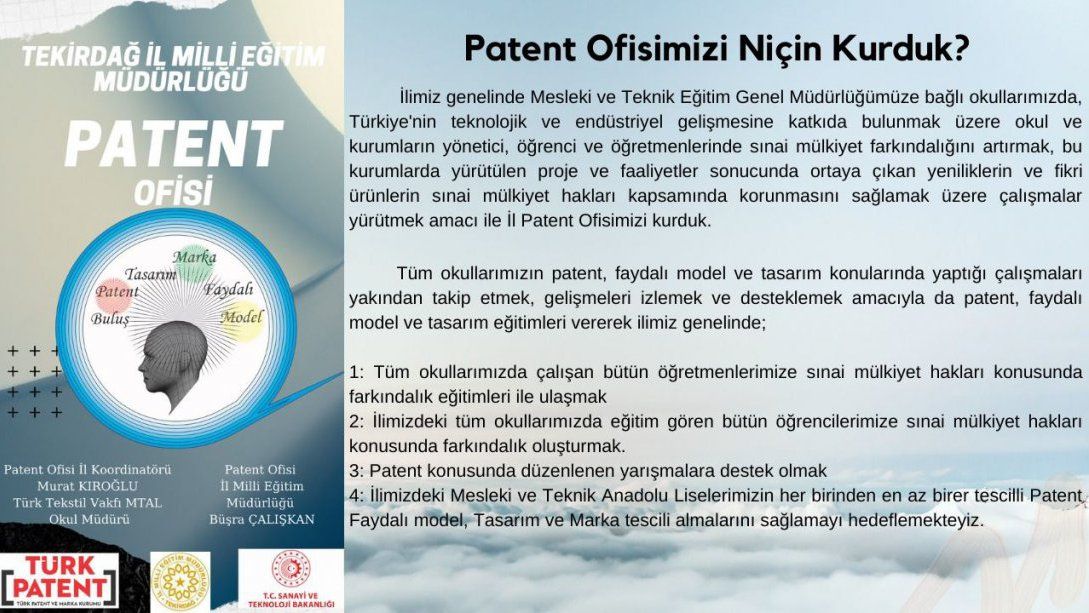 Tekirdağ İl Milli Eğitim Müdürlüğü Bünyesinde ''Patent Ofisi'' Açıldı.